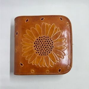 Rare Sunflower Embossed Tan Leather Card Holder